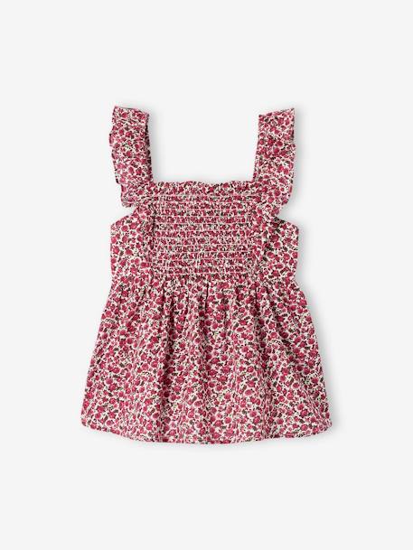 Blusa com favos e  folhos nas alças, para menina coral+rosa-peónia+verde 