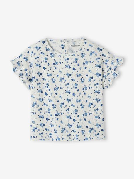 T-shirt às flores, em malha ajurada, para bebé cru 