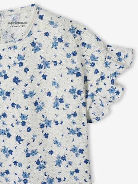 T-shirt às flores, em malha ajurada, para bebé cru 