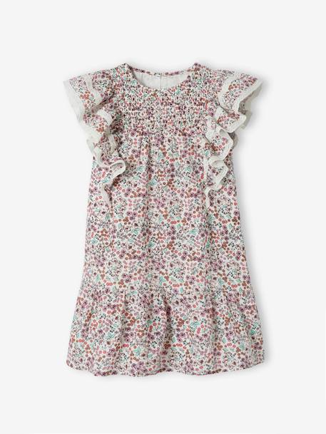 Vestido com flores de cerejeira, mangas com folhos, para menina cru 