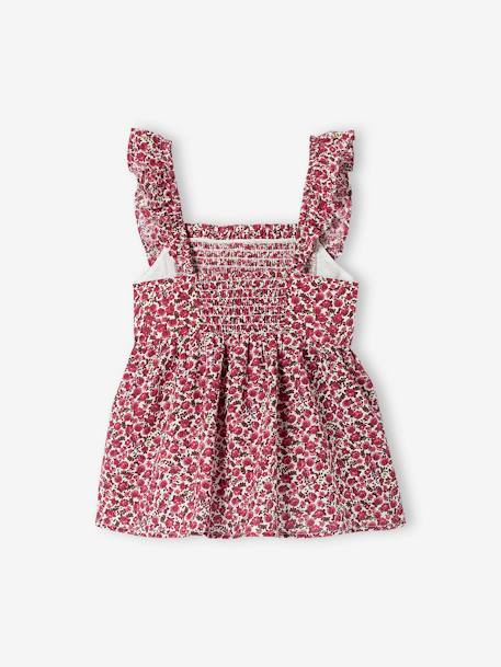 Blusa com favos e  folhos nas alças, para menina coral+rosa-peónia+verde 