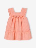 Conjunto em bordado inglês para bebé com vestido, calções bloomer e fita coral 