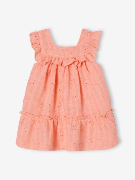 Conjunto em bordado inglês para bebé com vestido, calções bloomer e fita coral 