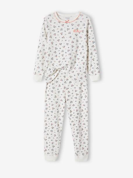 Pijama em malha canelada, personalizável, estampado às flores, para menina cru 