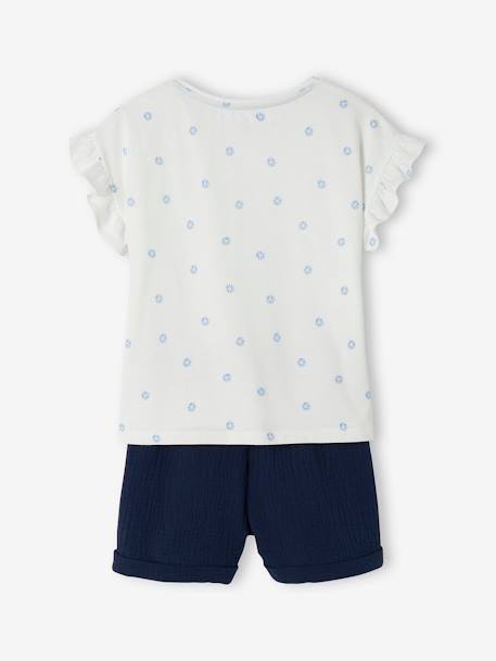 Conjunto t-shirt e calções, em gaze de algodão, para menina marinho+pêssego 
