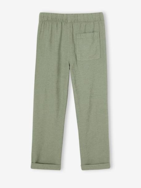 Calças leves, em algodão/linho, para menino avelã+verde-salva 