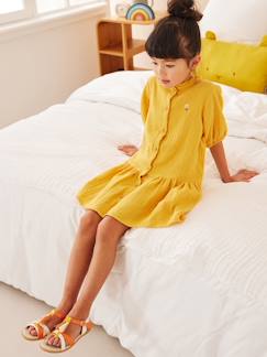 Menina 2-14 anos-Vestido com botões, mangas 3/4, em gaze de algodão, para menina