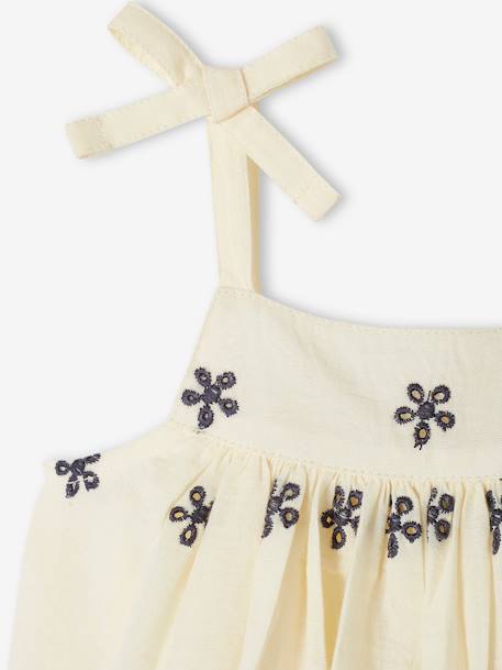 Conjunto para bebé, vestido bordado, calções e fita a condizer cru 