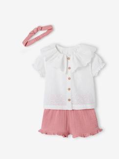 Bebé 0-36 meses-Conjuntos-Conjunto de 3 peças, blusa bordada, calções em gaze de algodão e fita de cabelo a condizer, para bebé