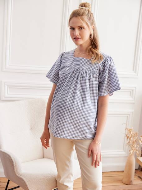 Blusa aos quadrados vichy, para grávida azul-acinzentado 