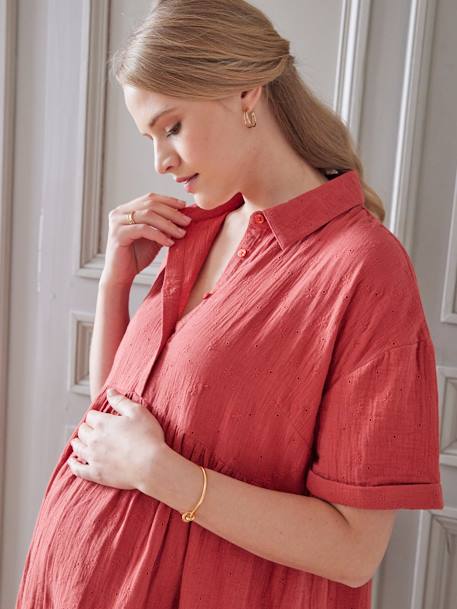 Vestido bordado estilo camisa, em gaze de algodão, especial gravidez e amamentação tomate 