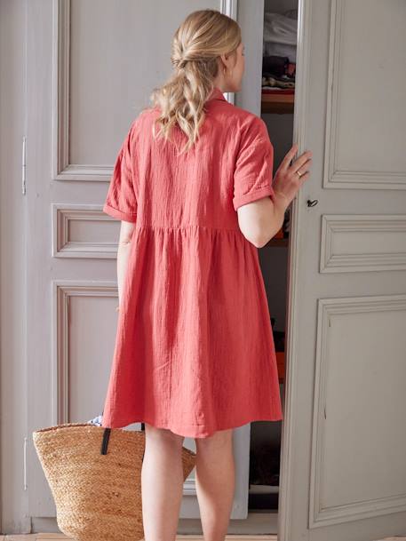 Vestido bordado estilo camisa, em gaze de algodão, especial gravidez e amamentação tomate 