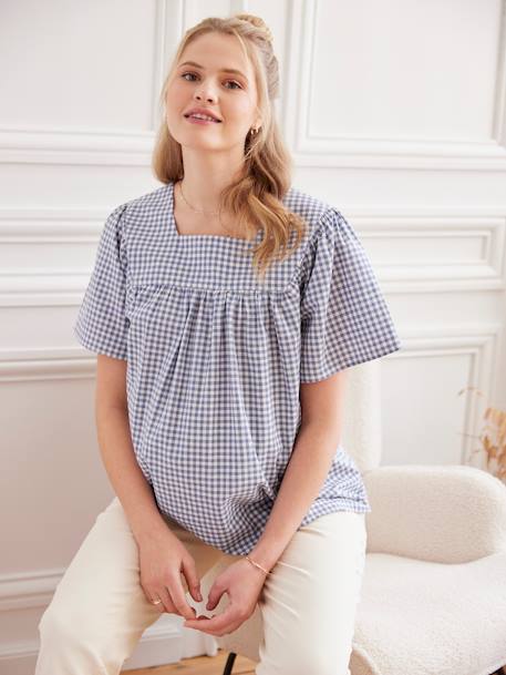 Blusa aos quadrados vichy, para grávida azul-acinzentado 