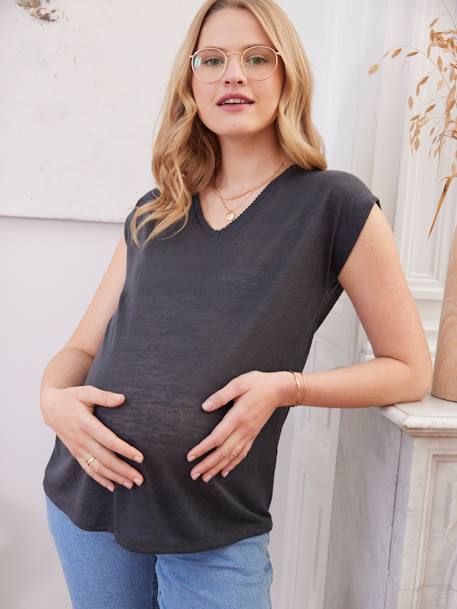 T-shirt com decote em V, em algodão e linho, especial gravidez açafrão+antracite 