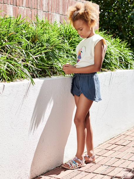 Calções fantasia, em gaze de algodão, com folhos, para menina azul-tinta 