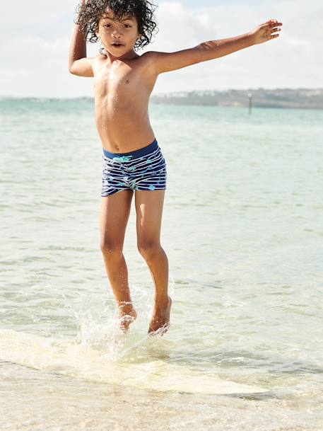 Calções de banho, estampado tropical, para menino riscas marinho 