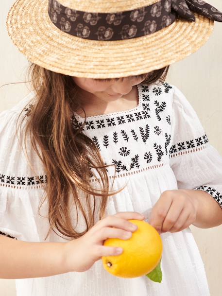 Chapéu aspeto palha com fita estampada, para menina bege-areia 