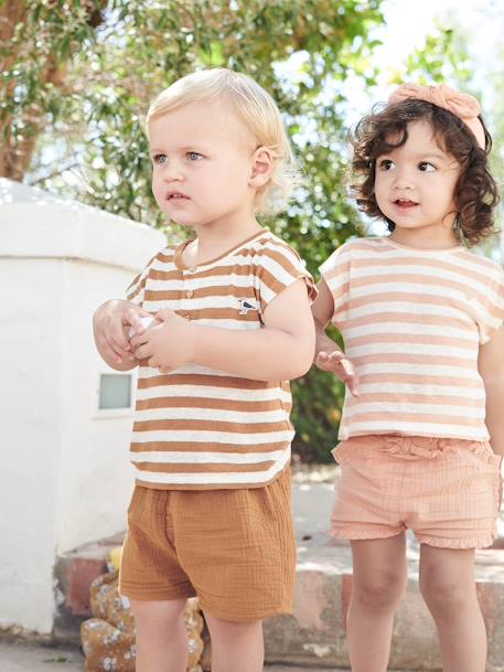 Conjunto calções, t-shirt às riscas e fita, para bebé laranja 