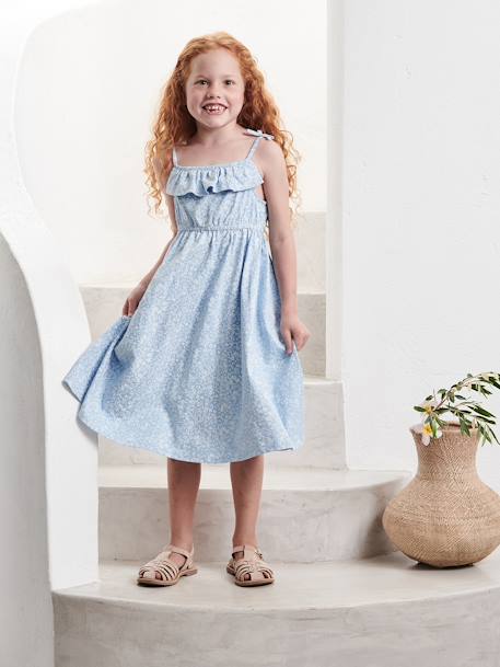 Vestido midi de alças para menina azul+azul-céu+branco estampado+cru+multicolor 