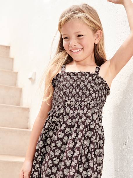 Vestido comprido com alças finas e favos, para menina antracite 