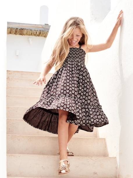 Vestido comprido com alças finas e favos, para menina antracite 