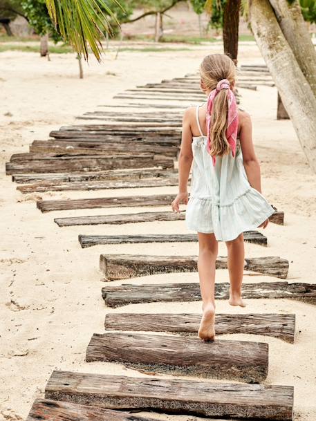 Vestido com alças às riscas em fio brilhante, para menina azul-pálido 