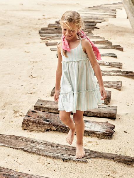 Vestido com alças às riscas em fio brilhante, para menina azul-pálido 