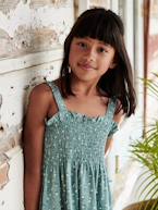 Vestido aos favos, com alças, para menina alperce+branco estampado+verde-esmeralda 