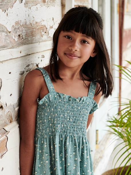 Vestido aos favos, com alças, para menina alperce+branco estampado+verde-esmeralda 