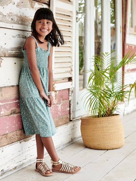 Vestido aos favos, com alças, para menina alperce+branco estampado+verde-esmeralda 