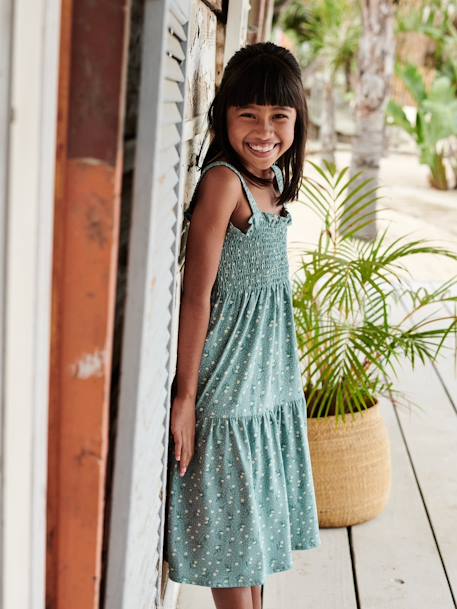 Vestido aos favos, com alças, para menina alperce+branco estampado+verde-esmeralda 