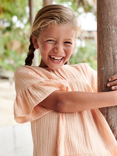 Vestido em gaze de algodão, para menina alperce-rosado+azul-céu 