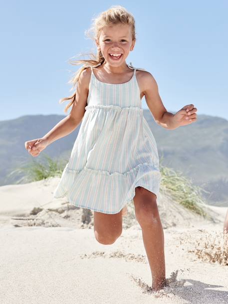 Vestido com alças às riscas em fio brilhante, para menina azul-pálido 