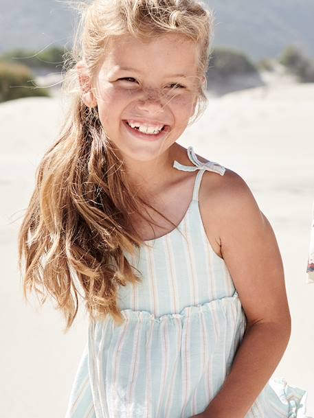 Vestido com alças às riscas em fio brilhante, para menina azul-pálido 