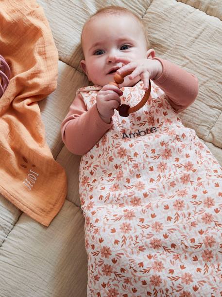 Saco de bebé personalizável, sem mangas, em gaze de algodão, Happy Bohème estampado rosa 