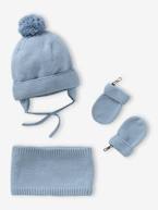 Conjunto gorro + gola snood + luvas de polegar, para bebé menino, BASICS azul-acinzentado+verde-água 