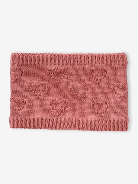 Conjunto corações: gorro + gola snood+ luvas, para bebé menina rosa-velho 