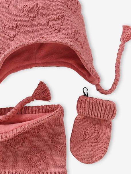 Conjunto corações: gorro + gola snood+ luvas, para bebé menina rosa-velho 