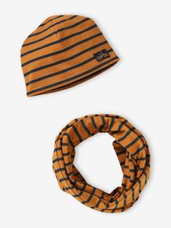 Menino 2-14 anos-Conjunto às riscas, gorro + gola snood, para menino