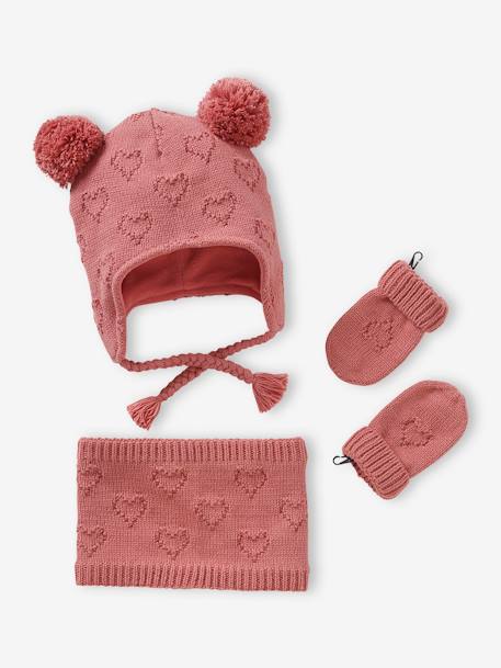 Conjunto corações: gorro + gola snood+ luvas, para bebé menina rosa-velho 