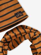 Conjunto às riscas, gorro + gola snood, para menino marinho+ocre 