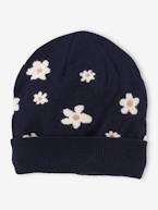 Gorro de menina, com margaridas em jacquard marinho 