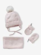 Conjunto gorro + gola snood + luvas de polegar, para bebé menina rosado+rosa-pálido 