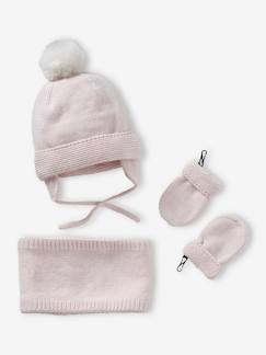 Bebé 0-36 meses-Acessórios-Conjunto gorro + gola snood + luvas de polegar, para bebé menina