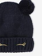 Gorro smile com pompons e olhos bordados, para menina azul-noite 