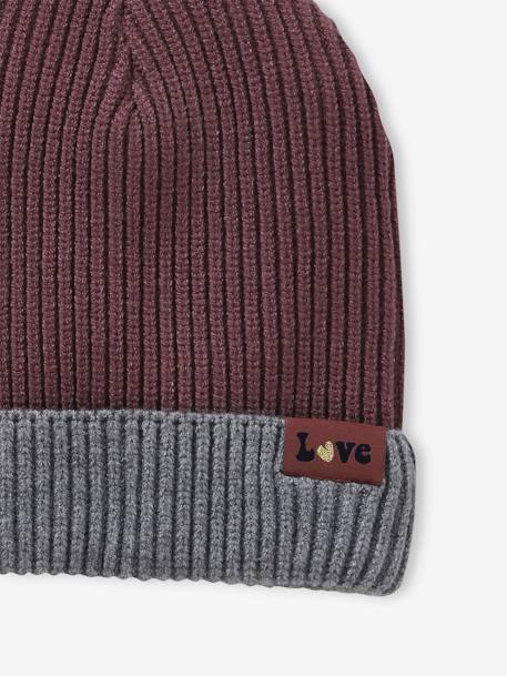 Gorro bicolor, em malha canelada, para menina canela+rosa 