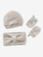 Conjunto com laço: gorro + gola snood+ luvas, para bebé menina cru 