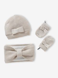 Bebé 0-36 meses-Acessórios-Conjunto com laço: gorro + gola snood+ luvas, para bebé menina