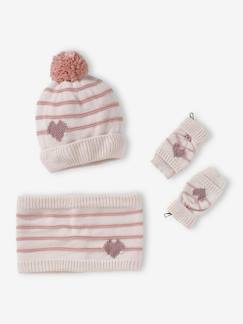 Conjunto gorro + gola snood + luvas de polegar/mitenes às riscas/coração, para menina