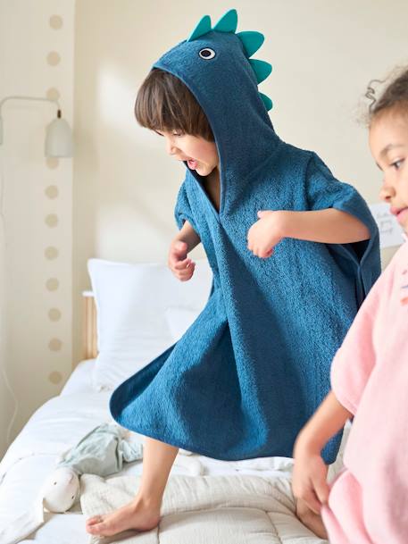 Poncho de banho para criança, Dinossauro AZUL MEDIO LISO COM MOTIVO 